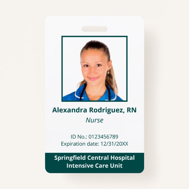 Custom Employee Photo White Blue-Green Hospital ID ID Badge (Front)