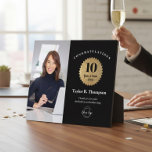 Custom Employee Recognition Photo 10 Year service  Plaque<br><div class="desc">Celebrate a milestone moment with this modern custom employee recognition photo plaque, designed for honoring 10 Years of Service in style. Featuring a bold black background, faux-gold badge, personalized employee name, company logo, and an optional photo, this appreciation award is perfect for recognizing dedication, loyalty, and leadership. Customize the text,...</div>