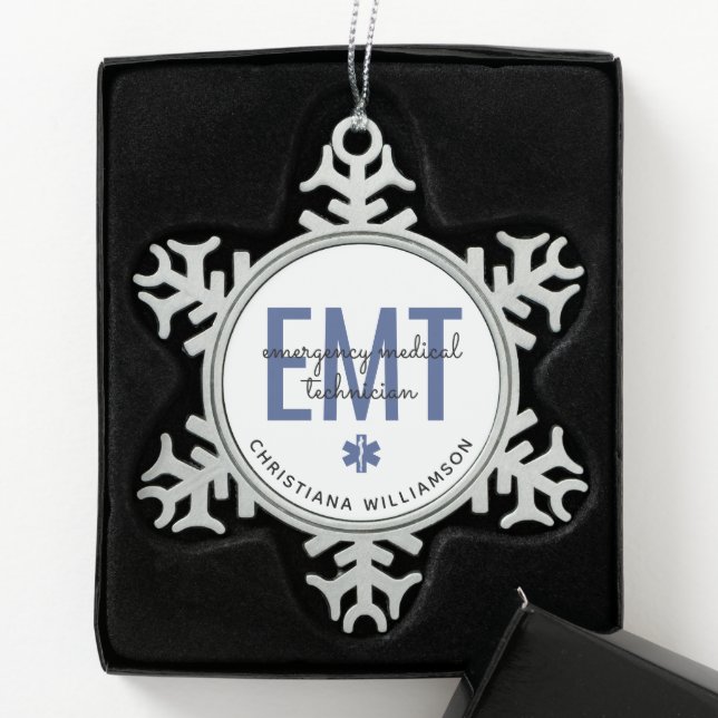 Custom EMT Emergency Medical Technician Snowflake Pewter Christmas Ornament (Box)
