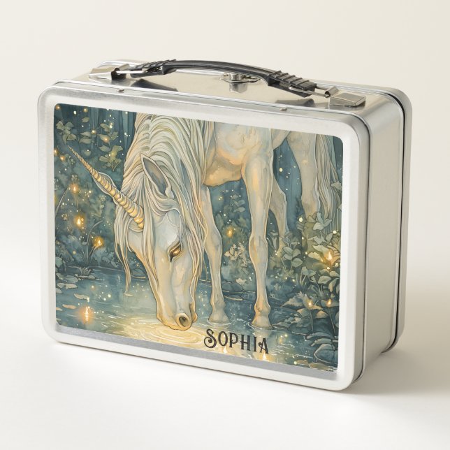 Custom Enchanted Emerald Forest Unicorn  Metal Lunch Box (Back)