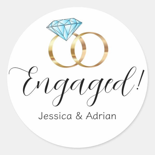 Custom Engaged Blue Diamond Gold Wedding Rings Classic Round Sticker (Front)