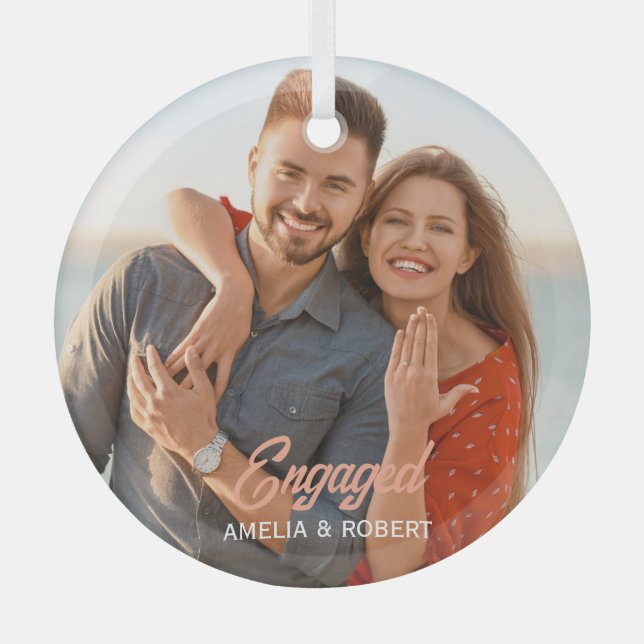 Custom Engaged Couple Photo Glass Tree Decoration (Front)