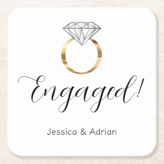 Custom Engaged Gold Diamond Ring Engagement Party Square Paper Coaster