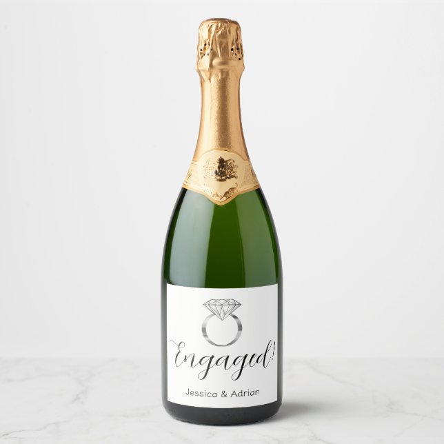 Custom Engaged Silver Diamond Engagement Ring Sparkling Wine Label (Front)