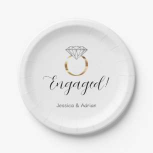 Custom Engaged White Diamond Ring Engagement Party Paper Plate