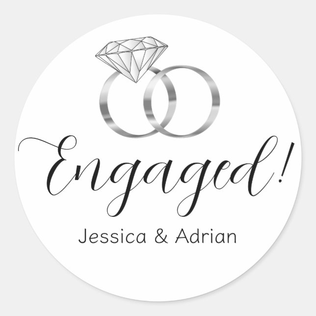 Custom Engaged White Diamond Silver Wedding Rings Classic Round Sticker (Front)