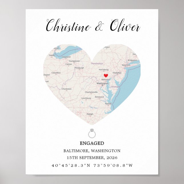 Custom Engagement Map Print Engagement Keepsake (Front)