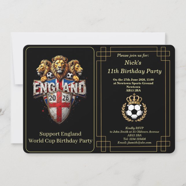 Custom England Soccer Team 3 Lions Birthday Invite (Front)