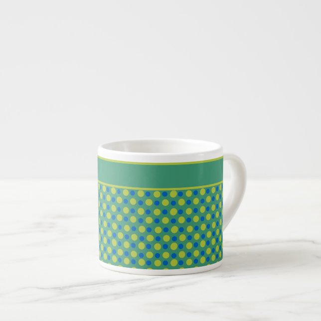 Custom Espresso Coffee Mug, Emerald, Blue Polka Espresso Cup (Front Right)