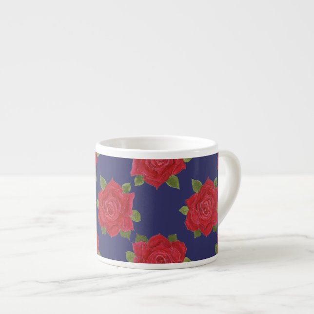 Custom Espresso Mug, Red Roses on Midnight Blue Cup (Front Right)