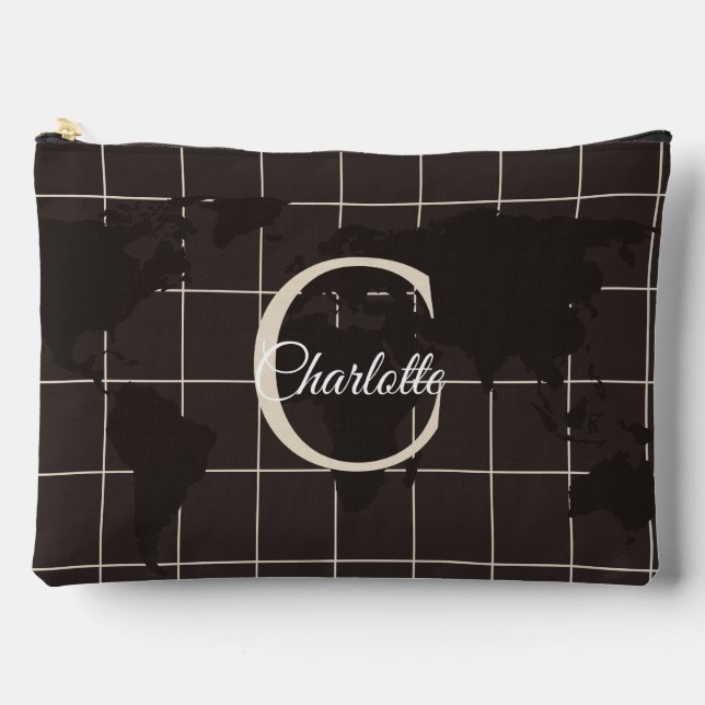 Custom Espresso World Map Monogram Name Luxury Accessory Pouch (Front)