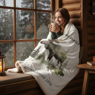 Custom "Established 1979" Watercolor Moose Sherpa Blanket