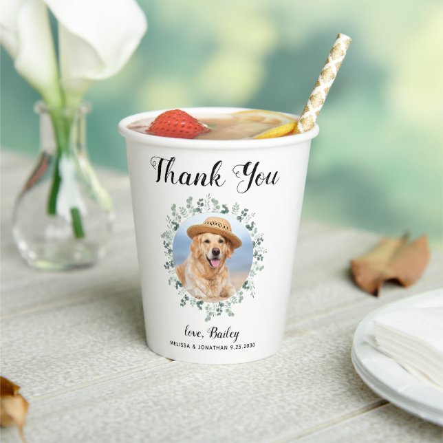 Custom Eucalyptus Pet Photo Dog Wedding Thank You Paper Cups (Insitu)