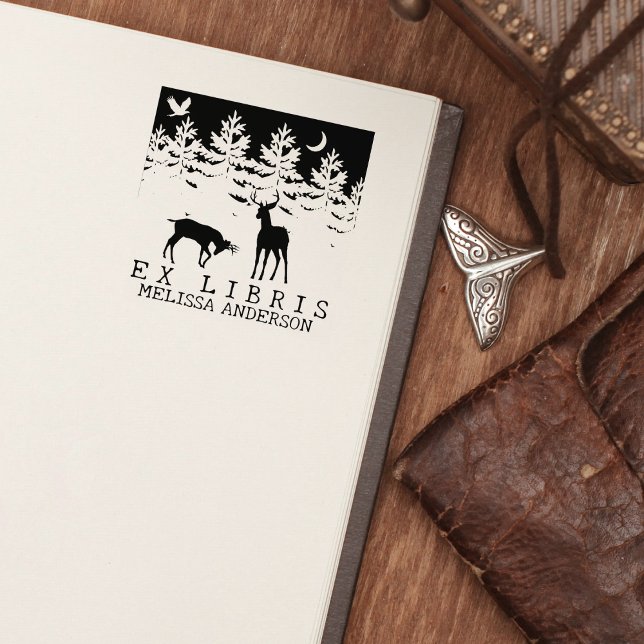 Custom Ex Libris, Forest Deer Book     Rubber Stamp (Creator Uploaded)