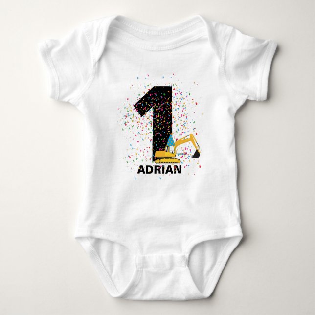 Custom Excavator Construction Truck Birthday Party Baby Bodysuit (Front)