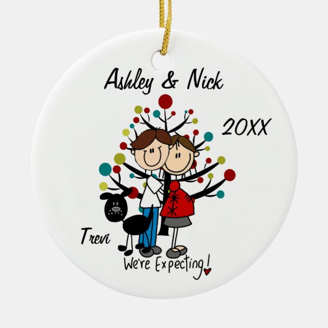 Custom Expectant Couple With Dog Ornament (Front)