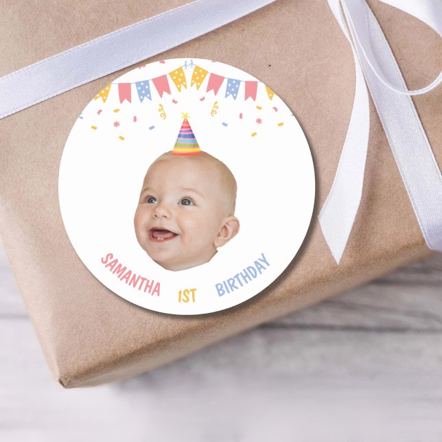 Custom Face 1st 2nd 3rd 10th 20th Birthday Party Classic Round Sticker (Creator Uploaded)