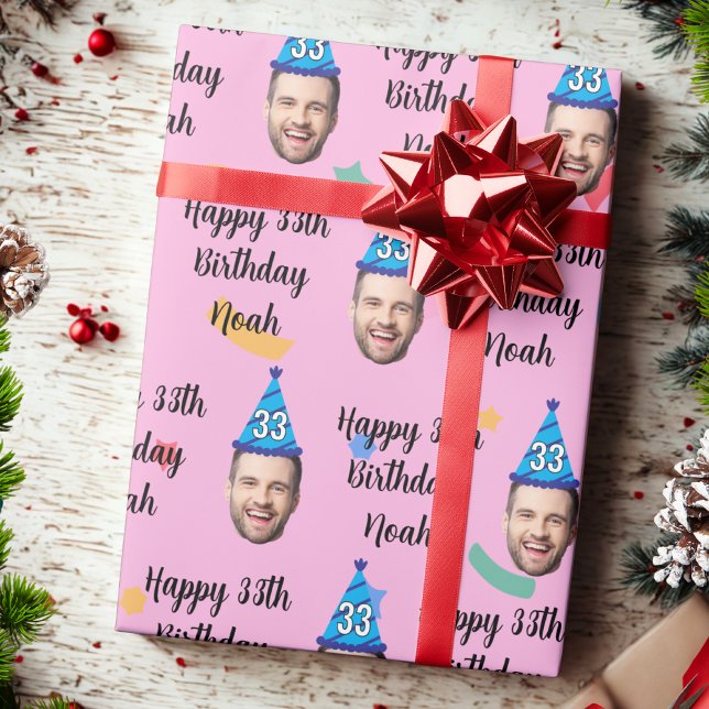 Custom Face 20th 30th 40th 50th 60th Birthday Pink Wrapping Paper (Creator Uploaded)