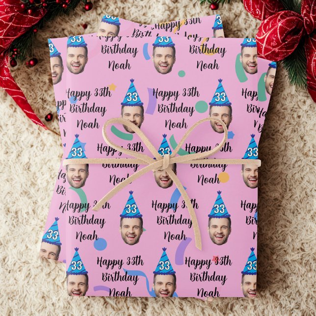 Custom Face 20th 30th 40th 50th 60th Birthday Pink Wrapping Paper Sheet (Creator Uploaded)