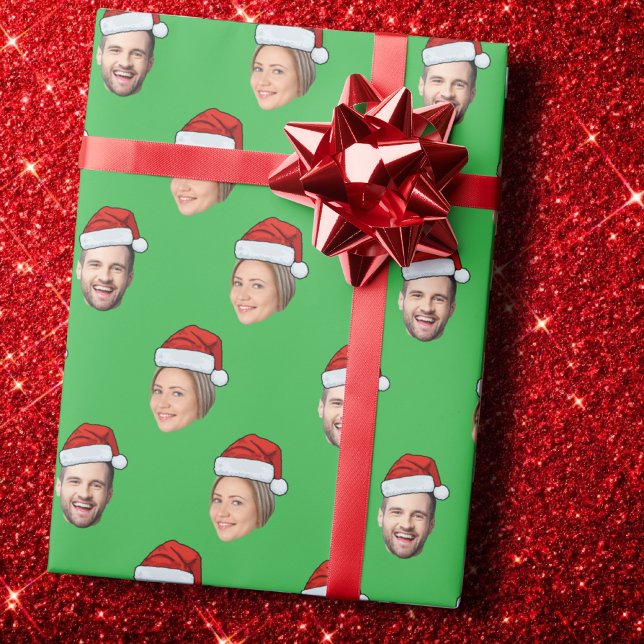 Custom Face 2 Photo Santa Hat Christmas Green Gift Wrapping Paper (Creator Uploaded)