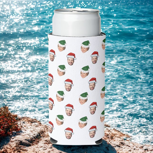 Custom Face 2 Photos Santa Hat Christmas Gift Seltzer Can Cooler (Creator Uploaded)