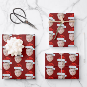 Custom Face Head Photo Santa Hat Christmas Red Wrapping Paper Sheet