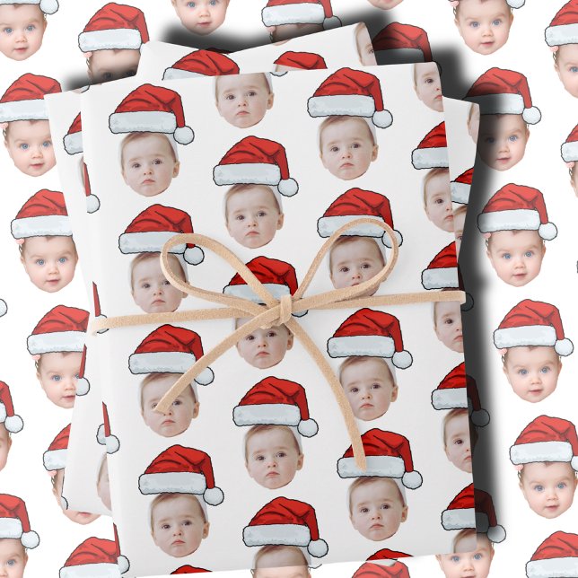 Custom Face Head Photo Santa Hat Christmas White Wrapping Paper Sheet (Creator Uploaded)