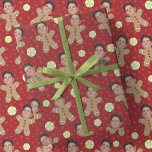 Custom Face Photo Gingerbread Men Red Christmas Wrapping Paper<br><div class="desc">Full roll of berry red seamless pattern with green peppermint candy rounds. This custom photo gift wrap that allows for personalisation including someone's (very tightly cropped) face picture on all of the little gingerbread people.</div>