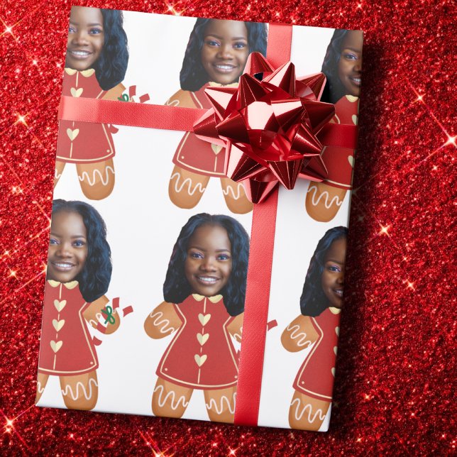 Custom Face Photo Gingerbread Woman Christmas Pink Wrapping Paper (Creator Uploaded)