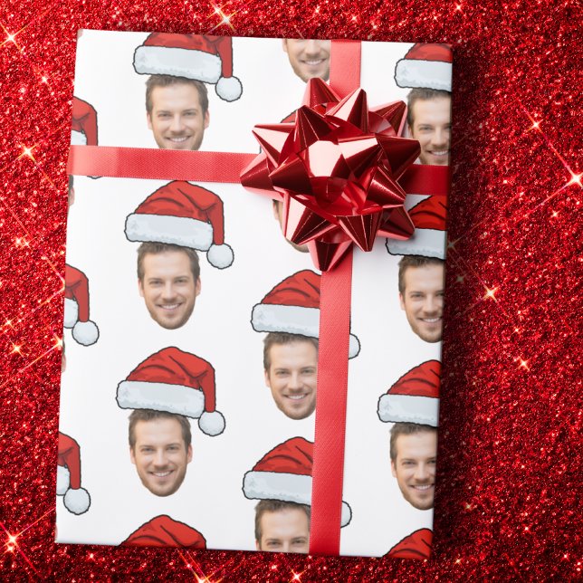 Custom Face Photo Santa Hat Christmas Gift Wrapping Paper (Creator Uploaded)