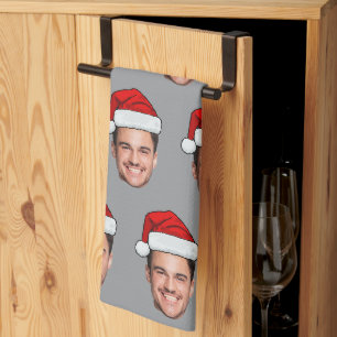 Custom Face Photo Santa Hat Christmas Grey Tea Towel