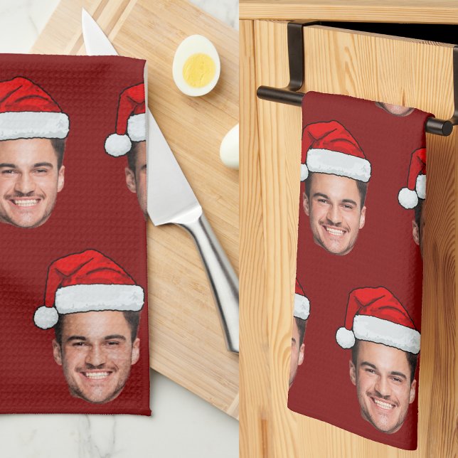 Custom Face Photo Santa Hat Christmas Red Tea Towel (Creator Uploaded)