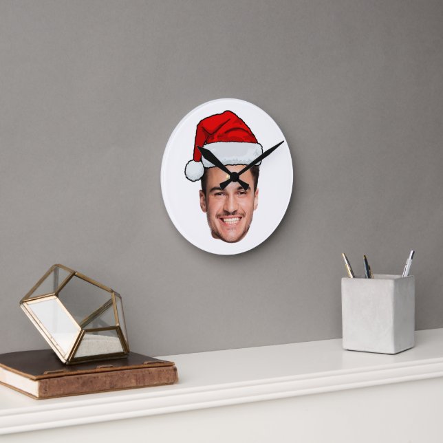 Custom Face Photo Santa Hat Christmas Round Clock (Office)