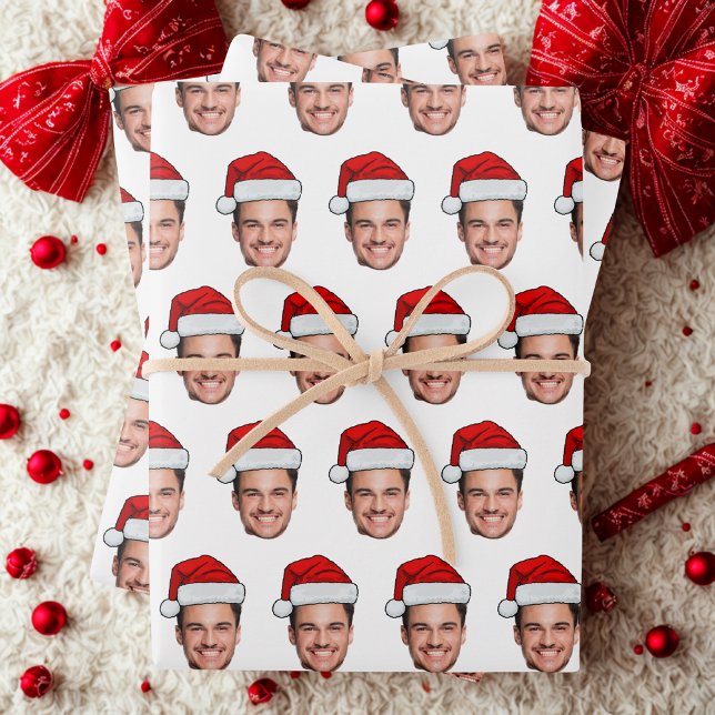 Custom Face Photo Santa Hat Christmas Wrapping Paper Sheet (Creator Uploaded)