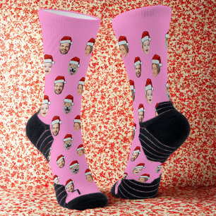 Custom Face Pink Socks, Santa Hat 4 Faces Pink Socks