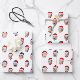 Custom Face Santa Hat Family 4 Photos Christmas Wrapping Paper Sheet
