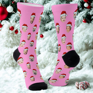 Custom Face Santa Hat Pink Socks, 4 Photos Pink Socks