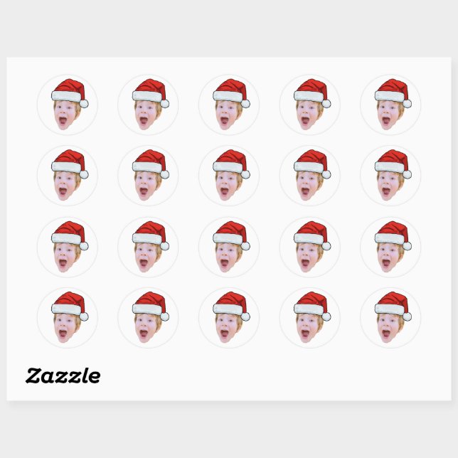 Custom Face Santa Hat Stickers, Photo Christmas Classic Round Sticker (Sheet)