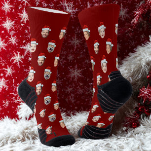 Custom Face Socks, Santa Hat Family 4 Faces Red Socks