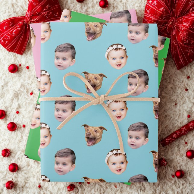Custom Face, Unique Family Gift 3 Photos Face Wrapping Paper Sheet (Creator Uploaded)