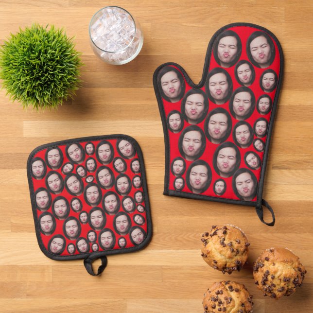 Custom Faces Photo Baking Gift Kitchen Cooking BBQ Oven Mitt & Pot Holder Set (Top Down)