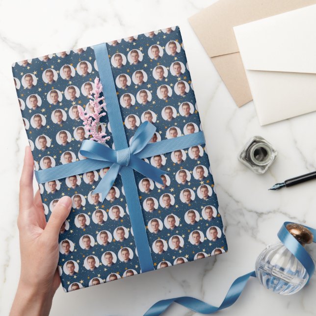 Custom Faces Stars Pattern Navy Wrapping Paper (Gifting)
