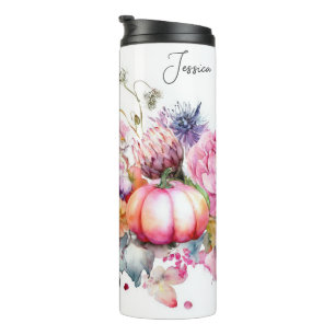 custom fall design with flowers and pumpkins thermal tumbler