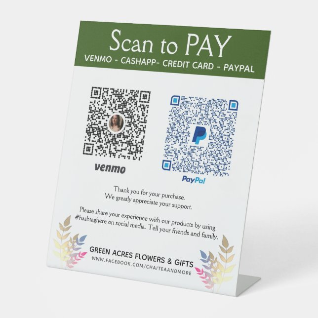 Custom Fall Floral Craft Venmo Pay Here  Pedestal Sign (Front)