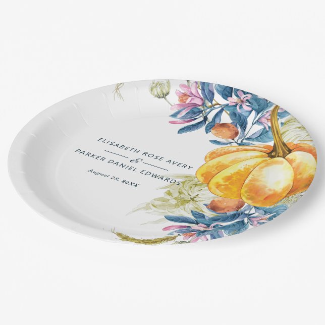 Custom Fall Floral Pumpkin Wedding Paper Plate (Angled)
