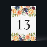 Custom Fall Floral Wedding Table Number Cards<br><div class="desc">Custom Fall Floral Wedding Table Number Cards. Design features beautiful watercolor flowers in shades of yellow orange,  peach,  blue,  and burgundy red with greenery accents. Black table number text should be customised for each number needed.</div>