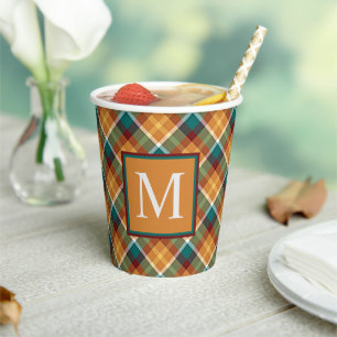 Custom Fall Pumpkin Leaves Green Gingham Pattern Paper Cups