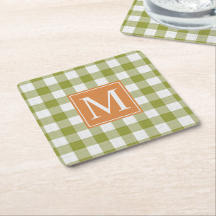 Custom Fall Pumpkin Leaves Green Gingham Pattern Square Paper Coaster
