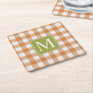 Custom Fall Pumpkin Orange Gingham Pattern Square Paper Coaster