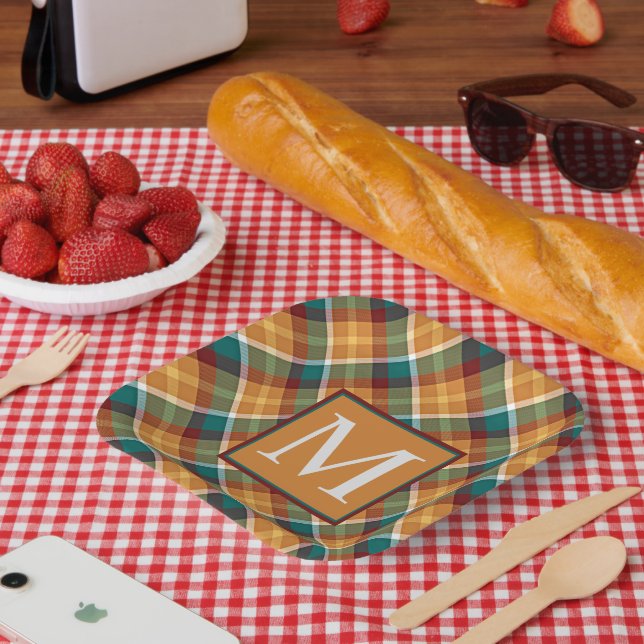 Custom Fall Pumpkin Orange Leaves Green Plaid Paper Plate (Picnic)